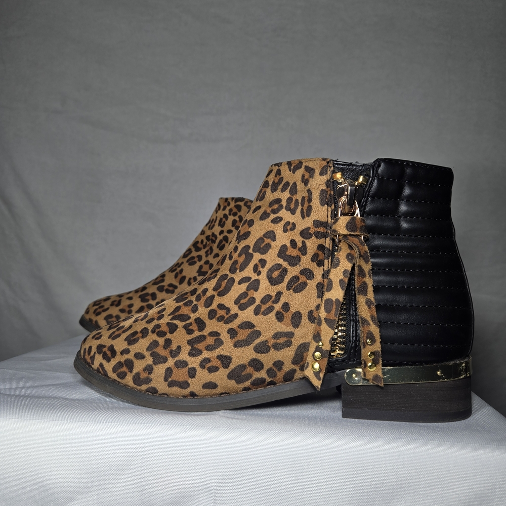 Leopard Print Ankle Boots with Black Quilted Accents